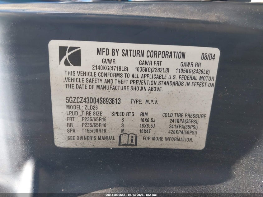 2004 Saturn Vue 4 Cyl VIN: 5GZCZ43D04S893613 Lot: 45092645