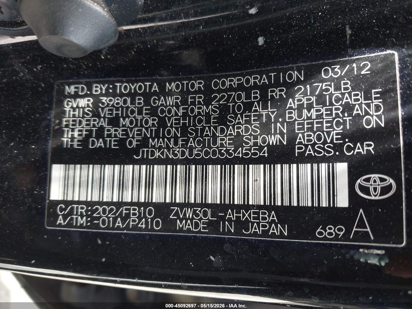 2012 Toyota Prius 1.8 Two black Lot 111045092697 Vin JTDKN3DU5C0334554
