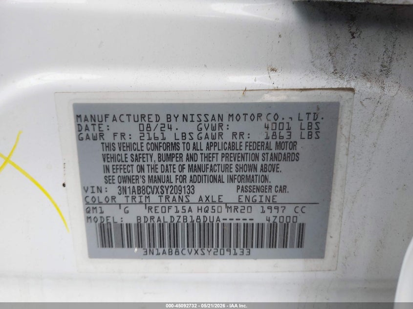 VIN 3N1AB8CVXSY209133 2025 NISSAN SENTRA SV