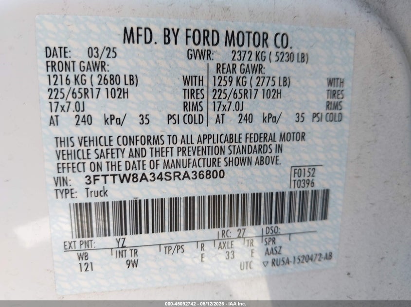 2025 Ford Maverick Xl VIN: 3FTTW8A34SRA36800 Lot: 45092742