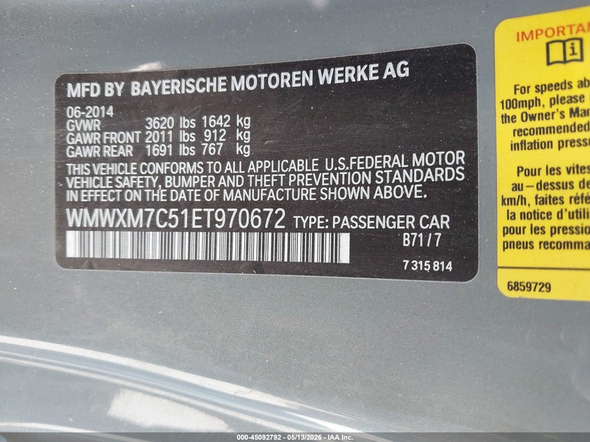 2014 Mini Hardtop Cooper S VIN: WMWXM7C51ET970672 Lot: 45092792