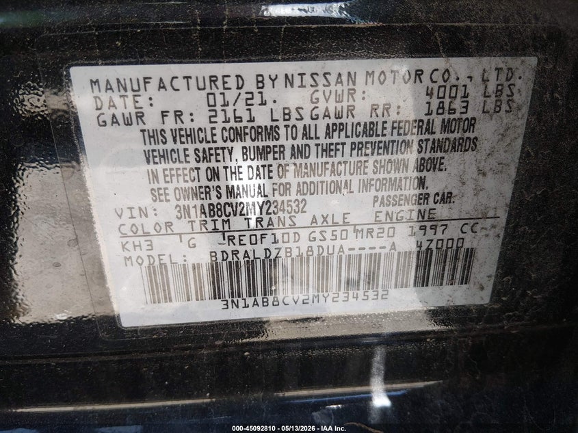 VIN 3N1AB8CV2MY234532 2021 NISSAN SENTRA SV XTRONIC CVT