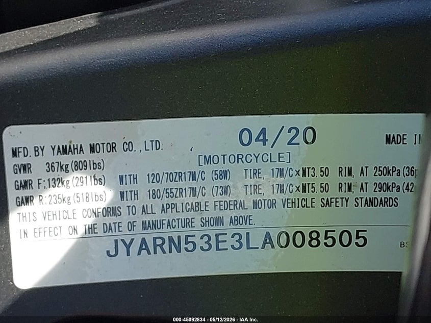 2020 Yamaha Mt09 VIN: JYARN53E3LA008505 Lot: 45092834
