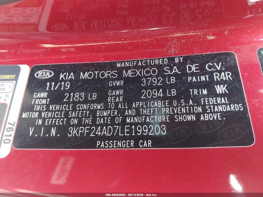VIN 3KPF24AD7LE199203 2020 KIA FORTE LXS