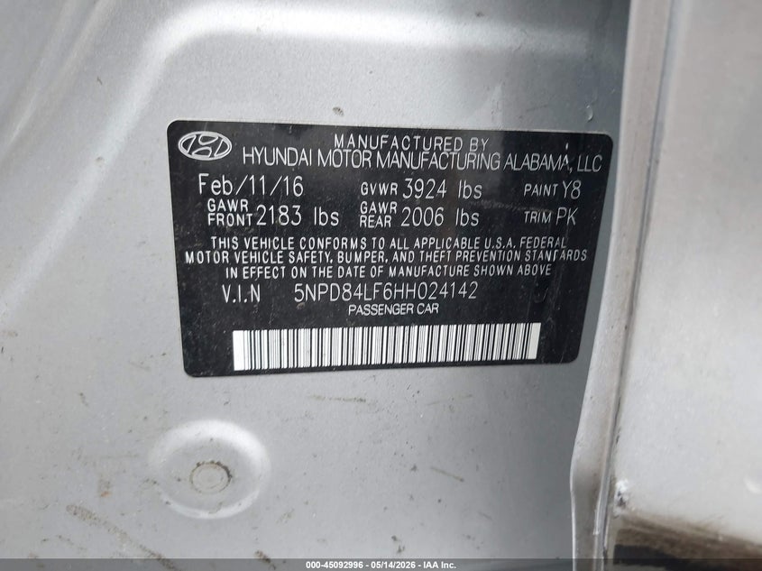 VIN 5NPD84LF6HH024142 2017 HYUNDAI ELANTRA SE