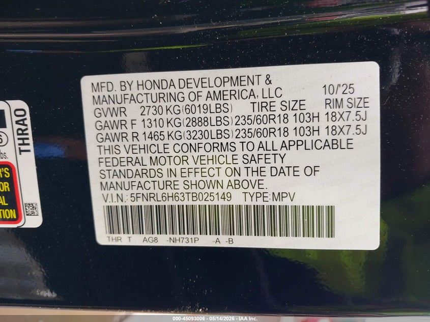 VIN 5FNRL6H63TB025149 2026 HONDA ODYSSEY EX-L