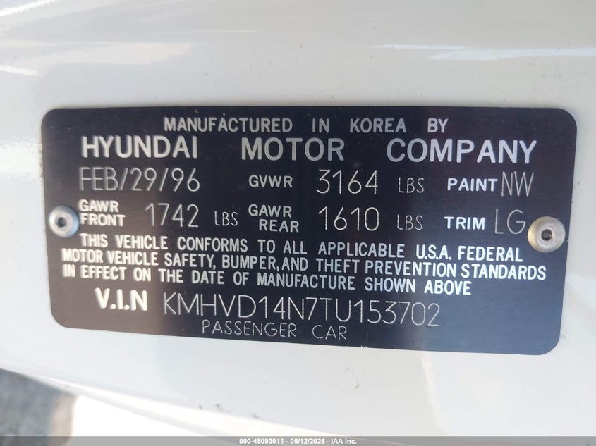 1996 Hyundai Accent L VIN: KMHVD14N7TU153702 Lot: 45093011