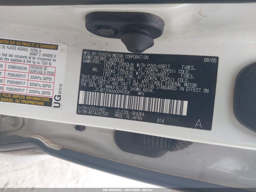 2006 Lexus Gx 470 VIN: JTJBT20X660099308 Lot: 45093022