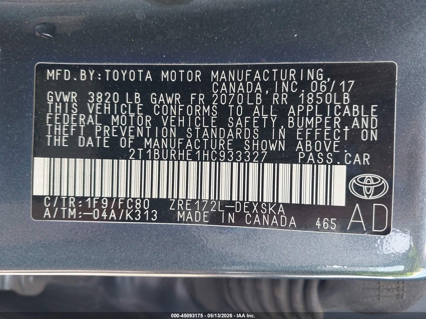 VIN 2T1BURHE1HC933327 2017 TOYOTA COROLLA SE