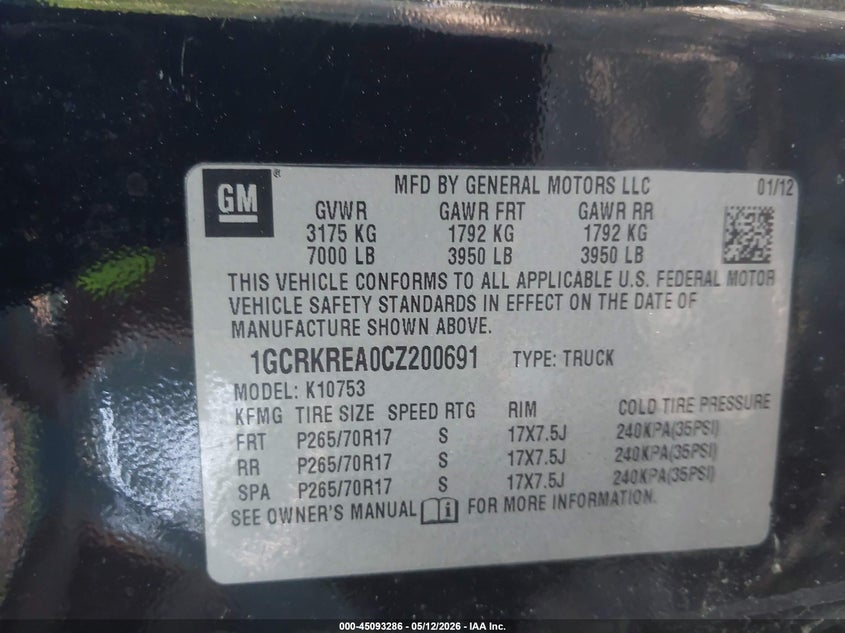 2012 Chevrolet Silverado 4.8 1500 Ls black Lot 111045093286 Vin 1GCRKREA0CZ200691