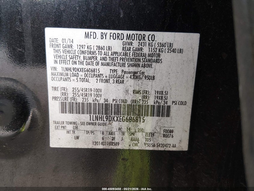 2014 Lincoln Mks VIN: 1LNHL9DKXEG606815 Lot: 45093458