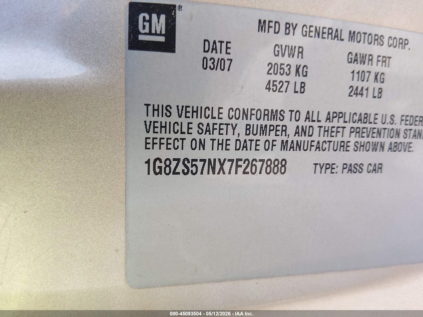 2007 Saturn Aura Xe VIN: 1G8ZS57NX7F267888 Lot: 45093504