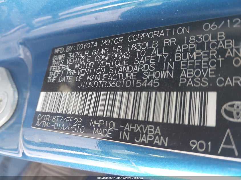 2012 Toyota Prius C Two VIN: JTDKDTB36C1015445 Lot: 45093537