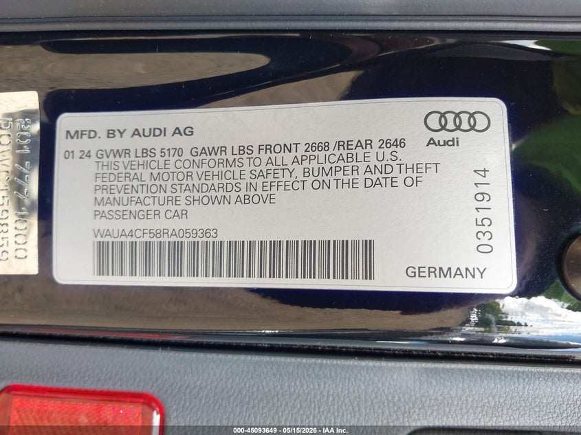 2024 Audi S5 Sportback Premium Tfsi Quattro Tiptronic VIN: WAUA4CF58RA059363 Lot: 45093649