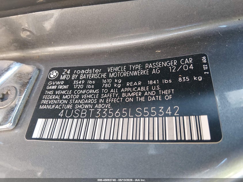 2005 BMW Z4 2.5I VIN: 4USBT33565LS55342 Lot: 45093746