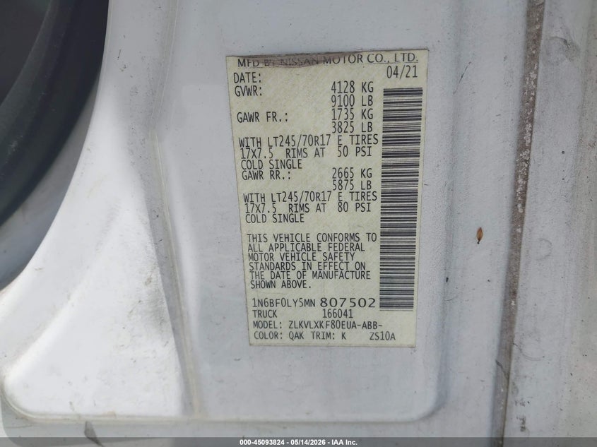 2021 Nissan Nv Cargo Nv2500 Hd Sv High Roof V6 VIN: 1N6BF0LY5MN807502 Lot: 45093824