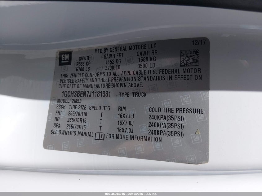 CHEVROLET COLORADO 2018 VIN 1GCHSBEN7J1181381