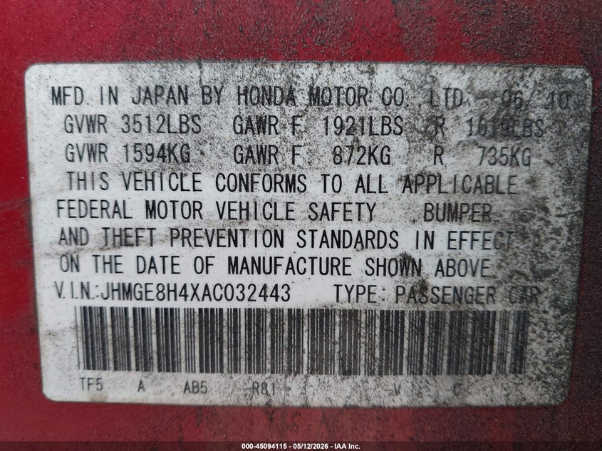 2010 Honda Fit Sport VIN: JHMGE8H4XAC032443 Lot: 45094115