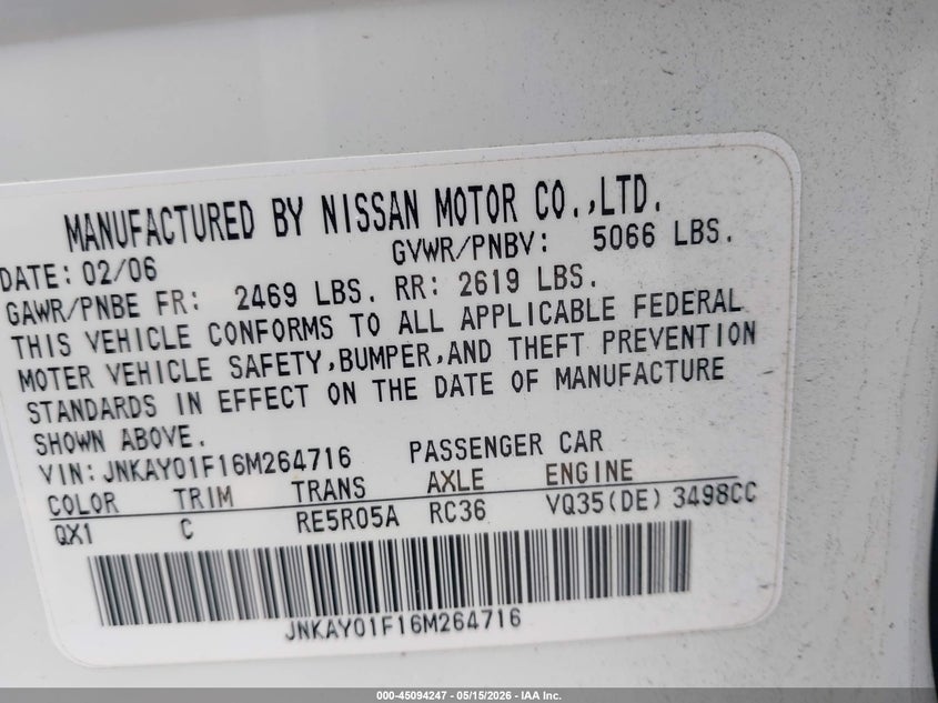 2006 Infiniti M35X VIN: JNKAY01F16M264716 Lot: 45094247