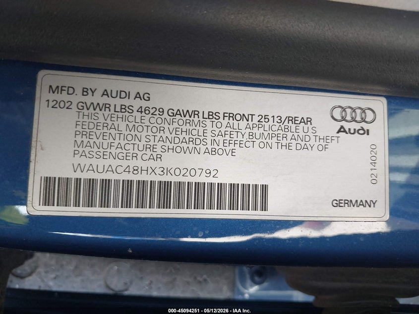 2003 Audi A4 1.8T VIN: WAUAC48HX3K020792 Lot: 45094251