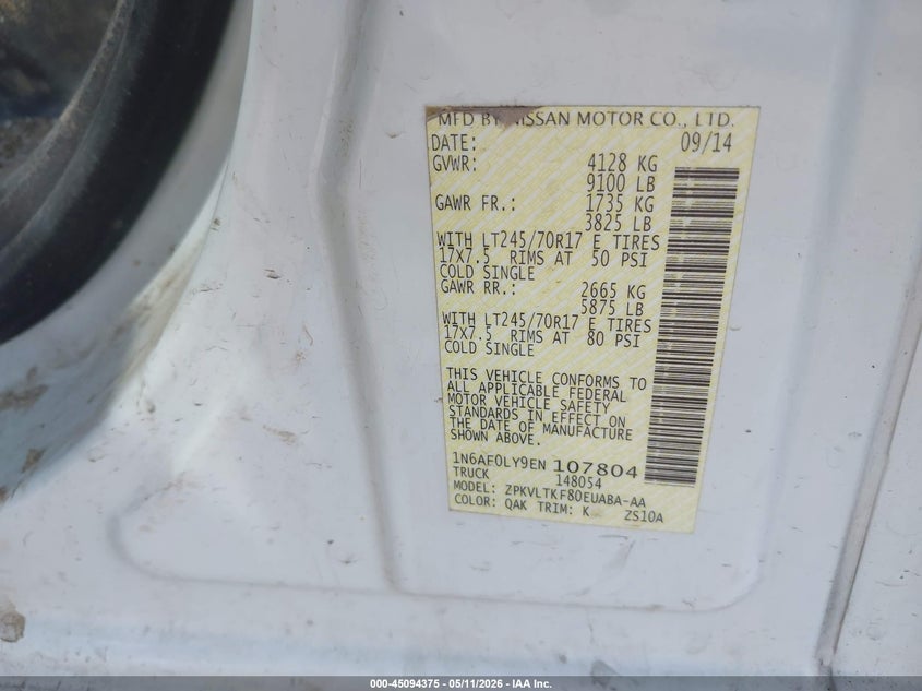 2014 Nissan Nv Cargo Nv2500 Hd Sv V8 VIN: 1N6AF0LY9EN107804 Lot: 45094375