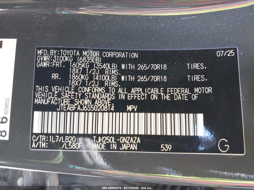 2025 Toyota Land Cruiser VIN: JTEABFAJ6S5020814 Lot: 45094376