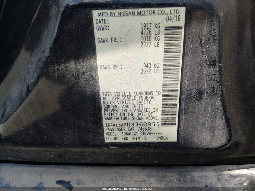 2016 NISSAN ALTIMA SEDAN 2.5L I-4 DOHC, VVT, 182HP
