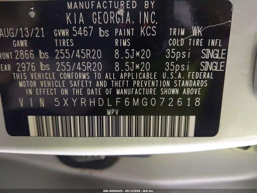 VIN 5XYRHDLF6MG072618 2021 KIA SORENTO EX