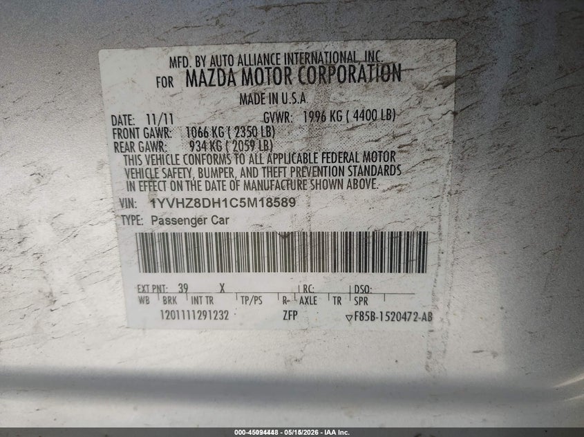 2012 MAZDA 6 SEDAN 2.5L I-4 DOHC, VVT, 168HP