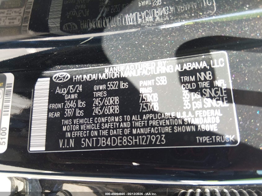 2025 Hyundai Santa Cruz Sel VIN: 5NTJB4DE8SH127923 Lot: 45094665