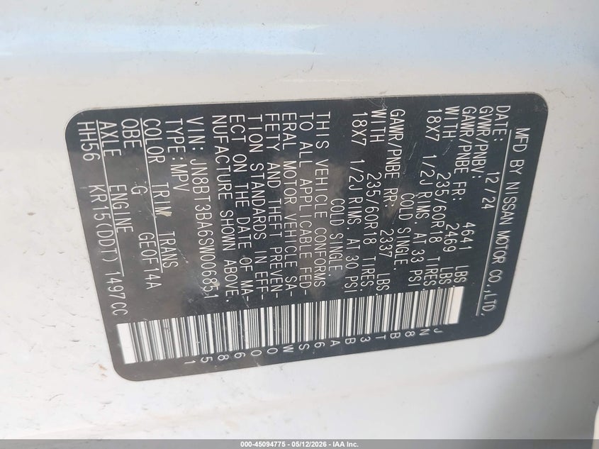 VIN JN8BT3BA6SW006851 2025 NISSAN ROGUE SV FWD