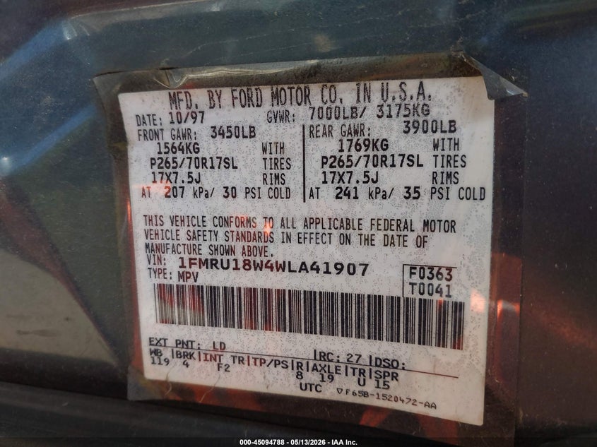 1998 Ford Expedition Eddie Bauer/Xlt VIN: 1FMRU18W4WLA41907 Lot: 45094788