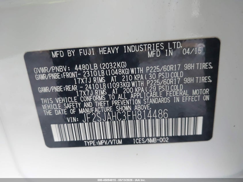 2015 SUBARU FORESTER SPORT UTILITY VEHICLE 2.5L H-4 DOHC, VVT, 170HP