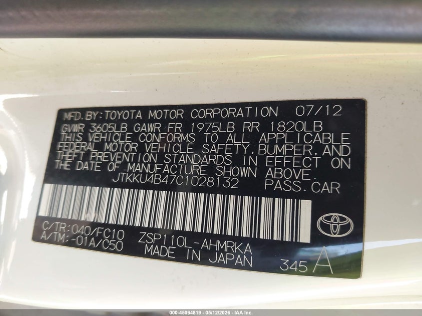 2012 Scion Xd VIN: JTKKU4B47C1028132 Lot: 45094819