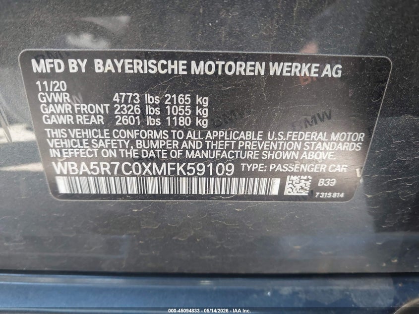 VIN: WBA5R7C0XMFK59109 2021 BMW 330I XDRIVE
