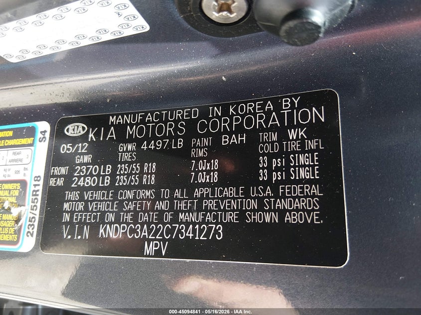 2012 KIA SPORTAGE SPORT UTILITY VEHICLE 2.4L I-4 DOHC, VVT, 176HP
