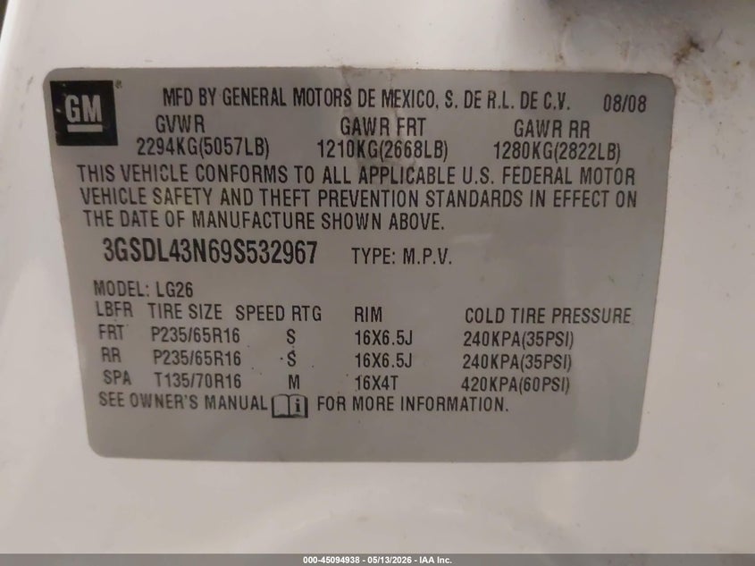 2009 Saturn Vue V6 Xe VIN: 3GSDL43N69S532967 Lot: 45094938