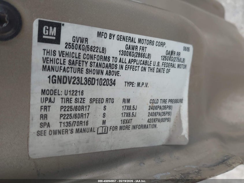2006 Chevrolet Uplander Ls VIN: 1GNDV23L36D102034 Lot: 45094957