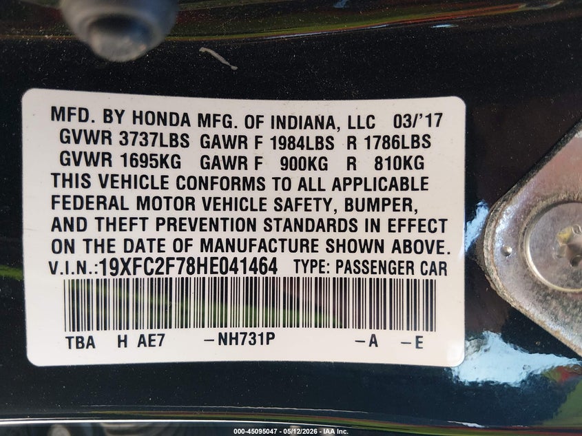 VIN 19XFC2F45HE041464 2017 HONDA CIVIC