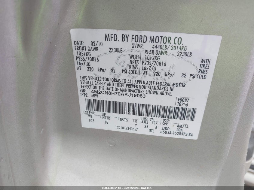 2010 Mercury Mariner Premier VIN: 4M2CN8H70AKJ19083 Lot: 45095118