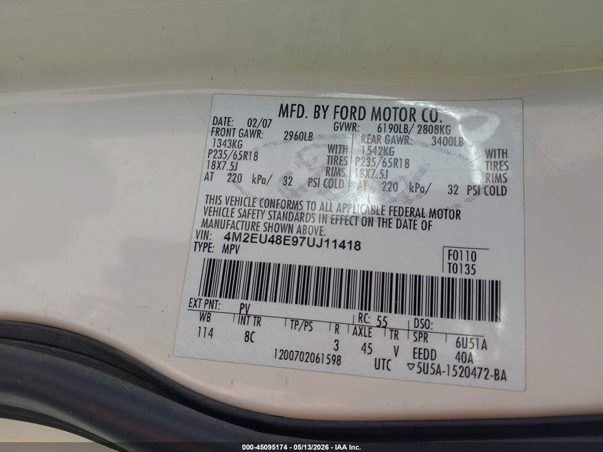 2007 Mercury Mountaineer Premier VIN: 4M2EU48E97UJ11418 Lot: 45095174