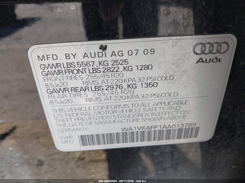 2010 Audi Q5 3.2 3.2 Premium black Lot 111045095404 Vin WA1VKAFP1AA013789