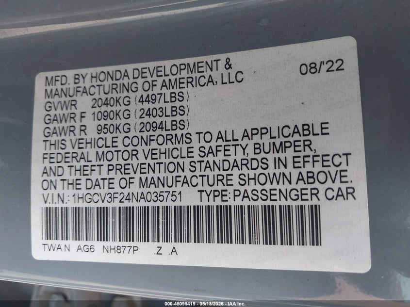 VIN 1HGCV3F24NA035751 2022 HONDA ACCORD HYBRID SPORT