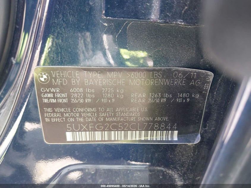 2012 BMW X6 xDrive35I VIN: 5UXFG2C52CL778844 Lot: 45095488