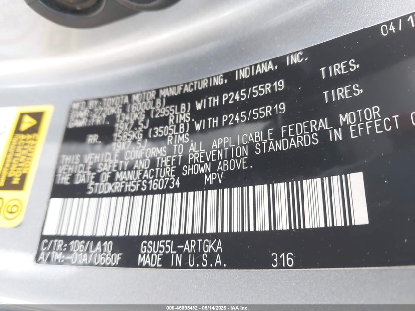 2015 TOYOTA HIGHLANDER SPORT UTILITY VEHICLE 3.5L V-6 DOHC, VVT, 270HP