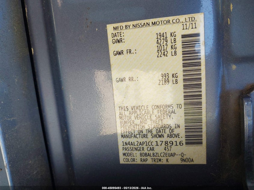 2012 Nissan Altima 2.5 2.5 S grey Lot 111045095493 Vin 1N4AL2AP1CC178916