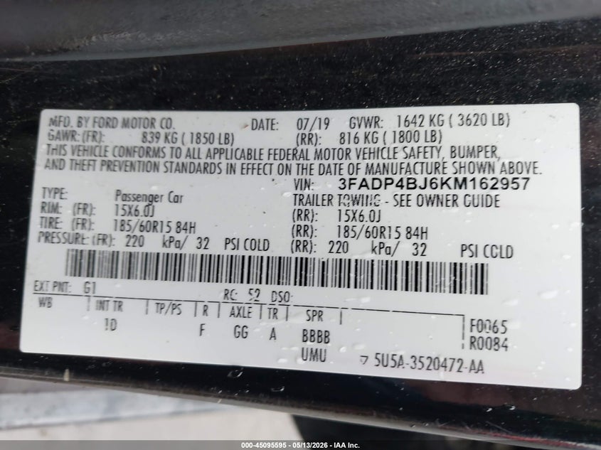 VIN 3FADP4BJ6KM162957 2019 FORD FIESTA SE