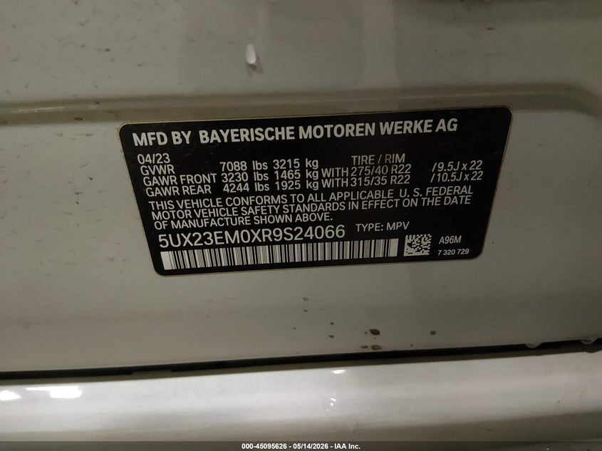 2024 BMW X7 xDrive40I VIN: 5UX23EM0XR9S24066 Lot: 45095626