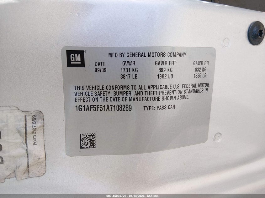 2010 Chevrolet Cobalt Lt VIN: 1G1AF5F51A7108289 Lot: 45095726