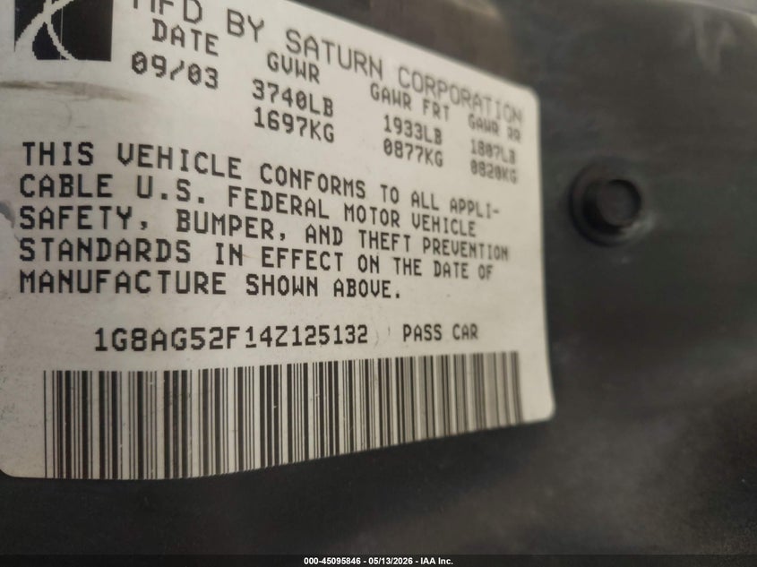2004 Saturn Ion 1 VIN: 1G8AG52F14Z125132 Lot: 45095846